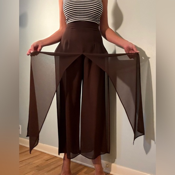 MSK Chocolate Wide-Leg Chiffon Women's Pants, Brown Panel Overlay Dress Pants M - Picture 5 of 16